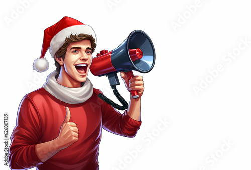 happy santa claus isolated holding smartphone in hand or megaphone, shows thumbs up, pointing at empty space with index finger.santa in modern car trunk with lot of gifts, nighttime generative ai