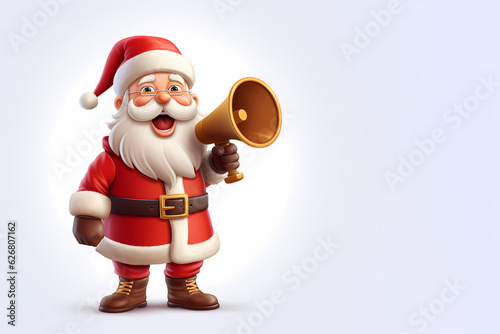 happy santa claus isolated holding smartphone in hand or megaphone, shows thumbs up, pointing at empty space with index finger.santa in modern car trunk with lot of gifts, nighttime generative ai