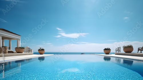 Clean swimming pool outside hotel against beautiful sea view