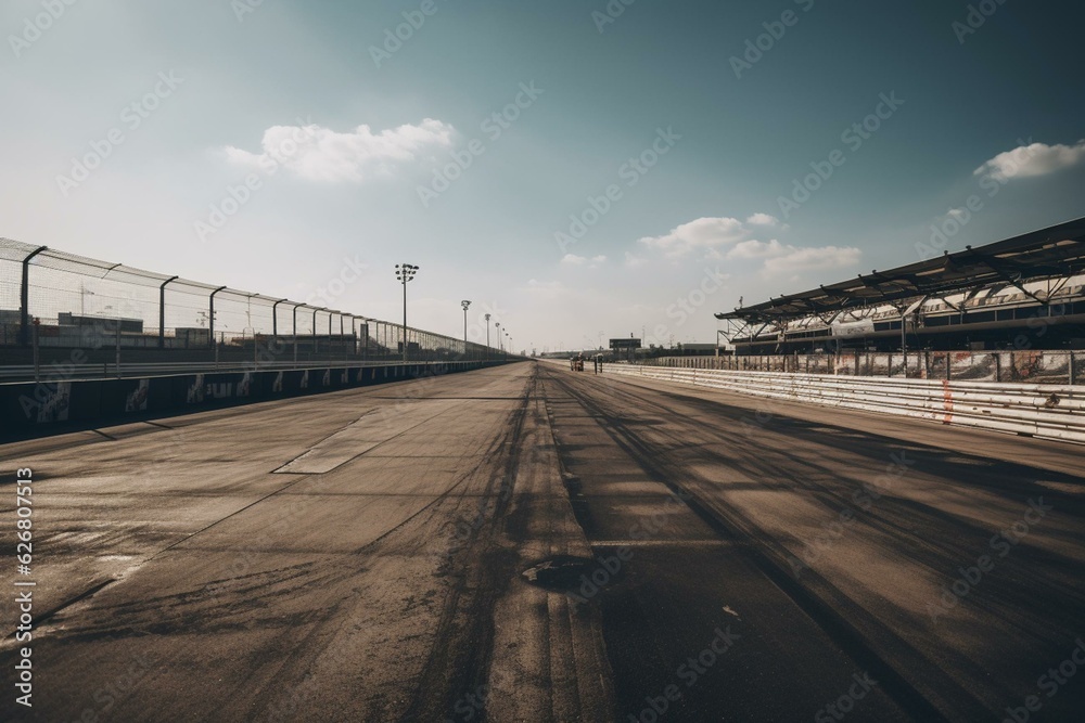Deserted racing circuit with stands. Shot taken from center. Starting point. Generative AI