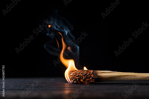 wooden match with a burning fire on a black background. AI generated © olyphotostories