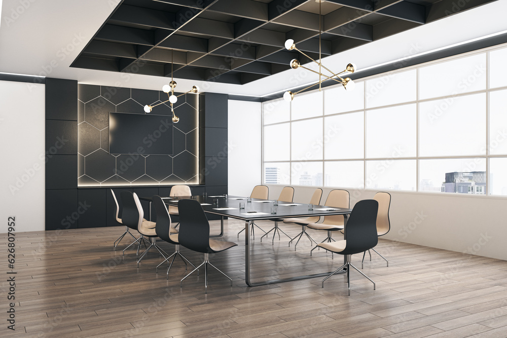 Perspective view of modern conference room with wooden floor and window with city view on background. 3D Rendering