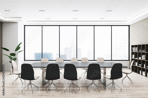 Front view of light modern meeting room with panoramic city view window on background, wooden floor and large office desk. 3D Rendering