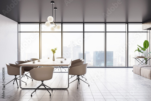 Side view of modern luxury meeting room interior with office desk and chairs, panoramic window, grey wall and tiles floor. 3D Rendering