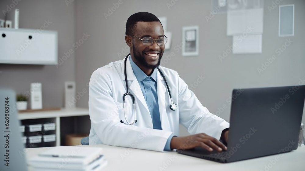Afro American male doctor in uniform and stethoscope working on laptop in modern hospital Afro American male doctor in uniform and stethoscope working on laptop in modern hospital