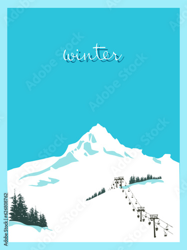 Vintage winter ski poster. Winter background. Mountain landscape with ski lift. Refined interior solution.
