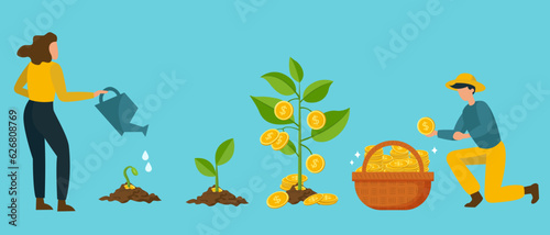 money growth: people growing, watering and harvesting money from the plants