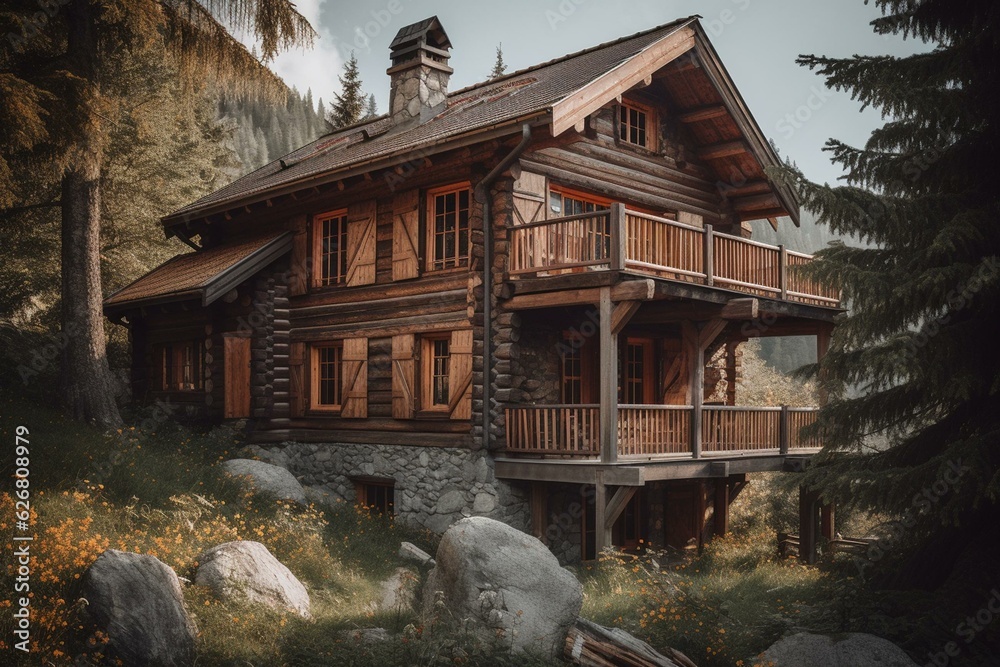 Warm mountain cabin with ample windows. Generative AI
