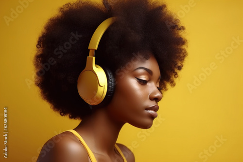 African American woman loves to listen to music with headphones in autumn trendy style, posing on a yellow background. Generative AI.