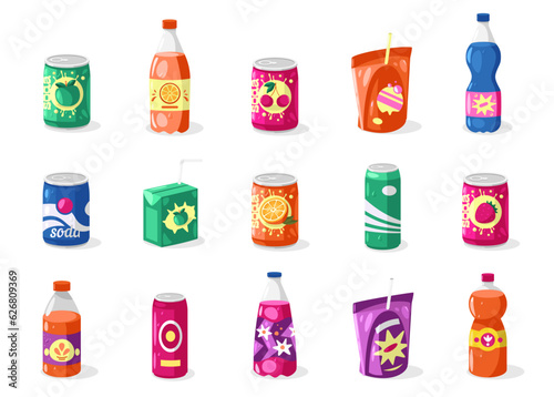 Drinks in bottles and cans. Cartoon aluminum, glass and plastic cans with different beverages, energy drink, alcohol, alcoholic beverage