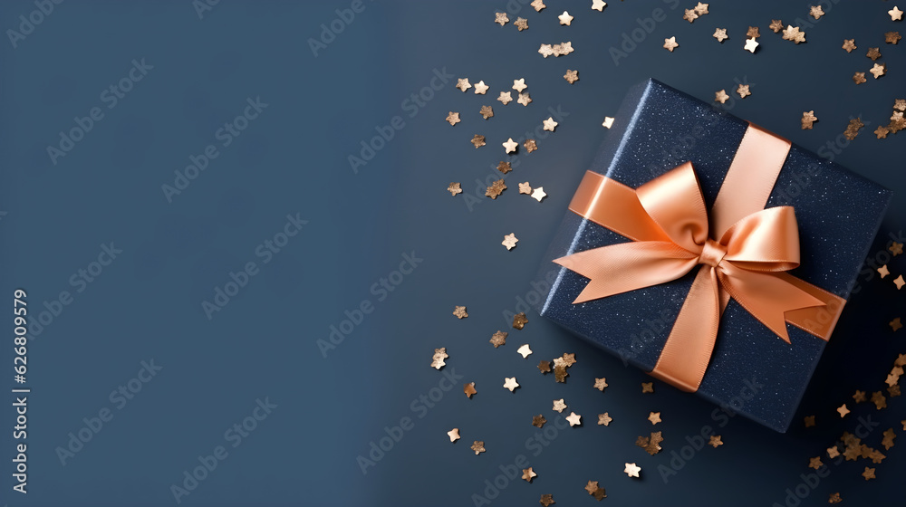 Dark blue gift box with gold satin ribbon on dark background. Top view ...