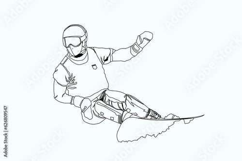 Vector illustration. An experienced snowboarder descends from the mountain. Line drawing. Minimalistic design.