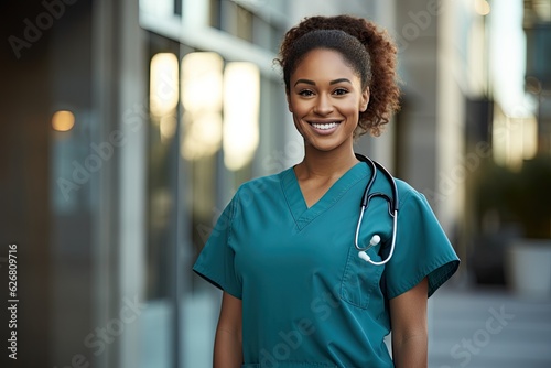Portrait of a young nursing student standing with her team in hospital, dressed in scrubs, Doctor intern . Medical concept.