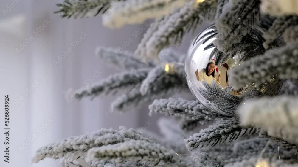 happy woman dancing reflection in glass christmas tree toy happy woman dancing reflection in glass christmas tree toy