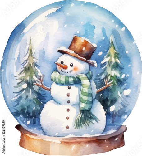 Canvas Print snowman in the snowglobe watercolor vector illustration
