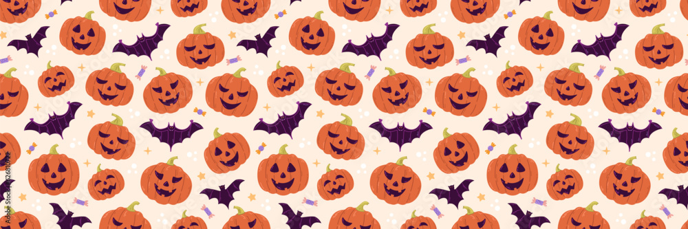 Halloween vector seamless pattern design with pumpkin, bat and candies Halloween vector seamless pattern design with pumpkin, bat and candies