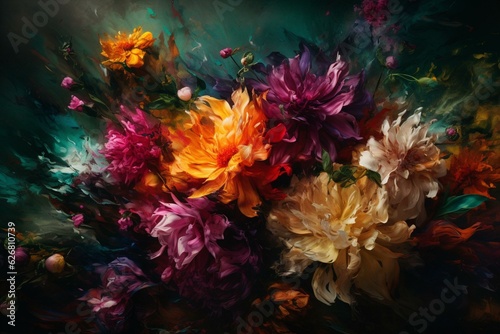Vibrant oil painting capturing the essence of flowers with an abstract touch. Generative AI