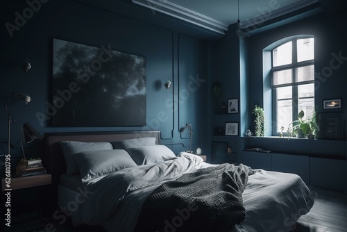 Minimalist bedroom with blue wall, gray bed, white linens and space for creativity. Generative AI