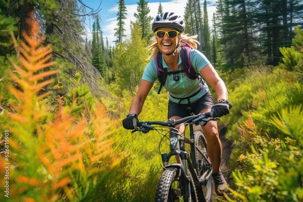 Riding a bike, Smiling woman mountain biking on the trail, outdoor sport Riding a bike, Smiling woman mountain biking on the trail, outdoor sport