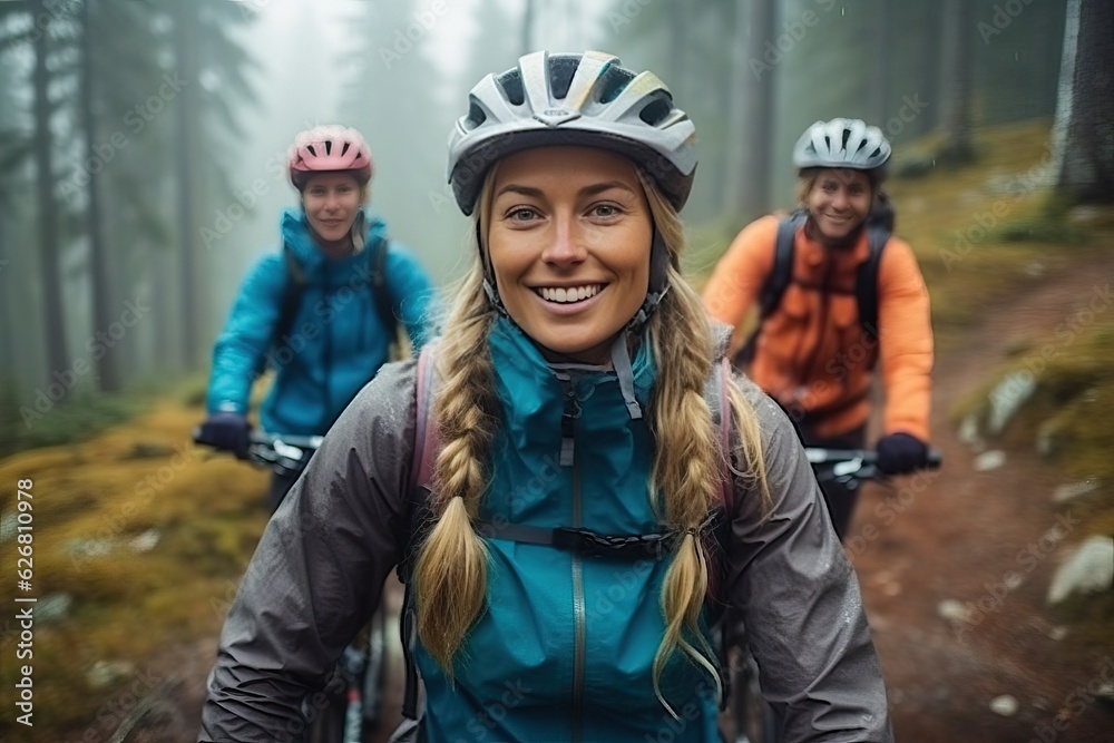 Riding bicycle in forest, Smiling woman mountain biking on the trail Riding bicycle in forest, Smiling woman mountain biking on the trail