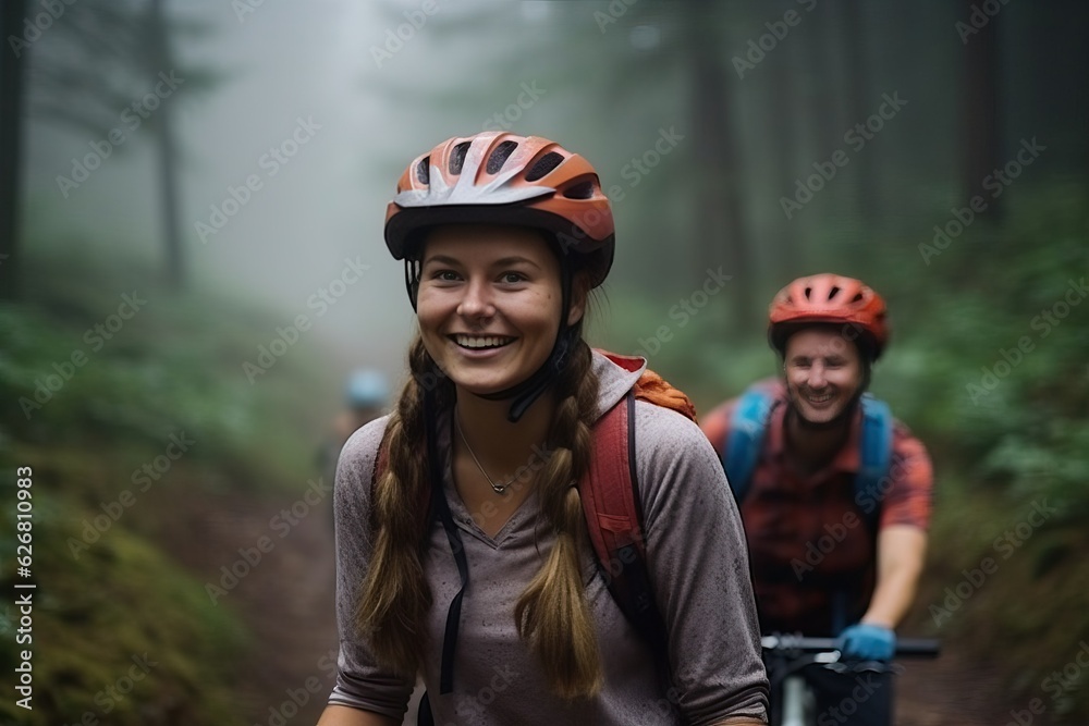 Riding bicycle in forest, Smiling woman mountain biking on the trail Riding bicycle in forest, Smiling woman mountain biking on the trail
