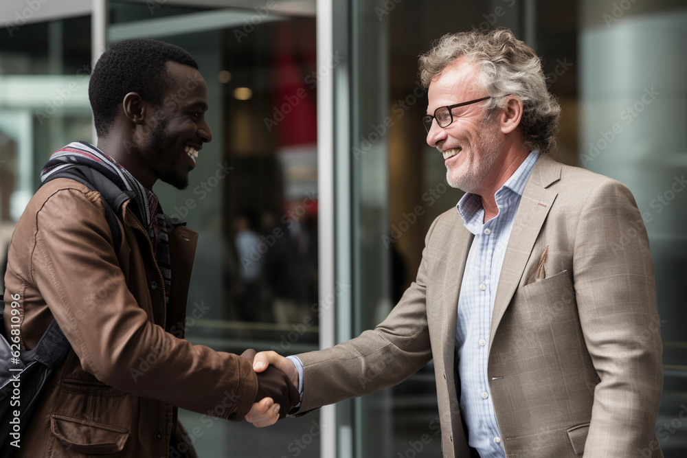 Up - close and personal photo of a philanthropist shaking hands with a grateful recipient, check in hand Up - close and personal photo of a philanthropist shaking hands with a grateful recipient, check in hand