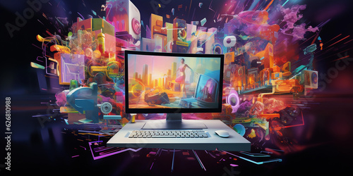 Artistic interpretation of a computer screen displaying an e - commerce platform, vibrant and lively, merchandise popping out in 3D, painted in impressionist style, digital brushstrokes