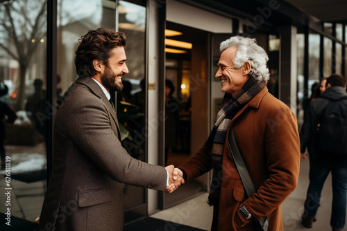 Up - close and personal photo of a philanthropist shaking hands with a grateful recipient, check in hand