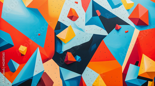 Abstract representation of a rock climbing wall, vibrant colors, geometrical patterns, lines indicating climbing routes, simplicity and complexity co - existing photo