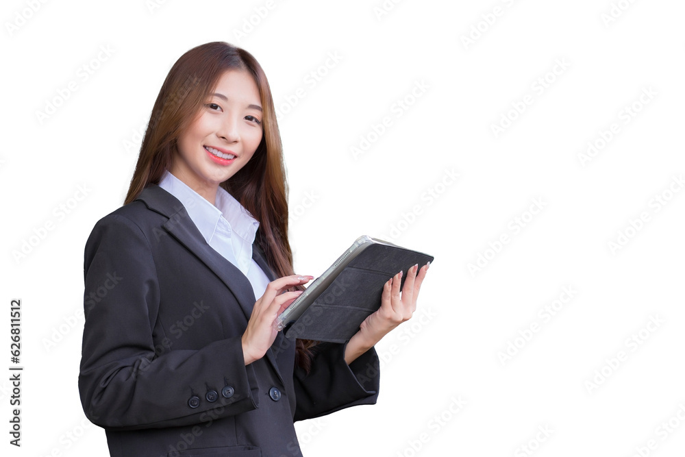 Asian professional business young woman in dark blue suit smiles happily stand with confidence and look at camera while she works and holds tablet front office while isolated on white background. Asian professional business young woman in dark blue suit smiles happily stand with confidence and look at camera while she works and holds tablet front office while isolated on white background.