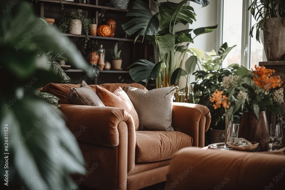  Stylish living room interior with beautiful house plant 
 Generative AI