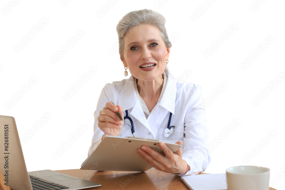 Older woman doctor therapist wearing headset video call talking to web camera consulting virtual patient online by video conference call chat on a transparent background. Older woman doctor therapist wearing headset video call talking to web camera consulting virtual patient online by video conference call chat on a transparent background.
