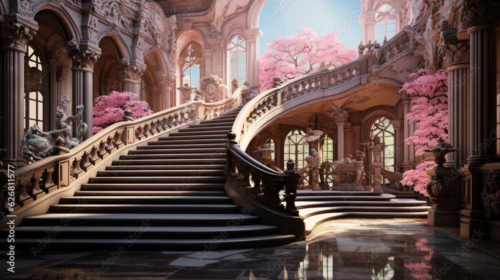 A pink royal palace with stairs. Generative Ai