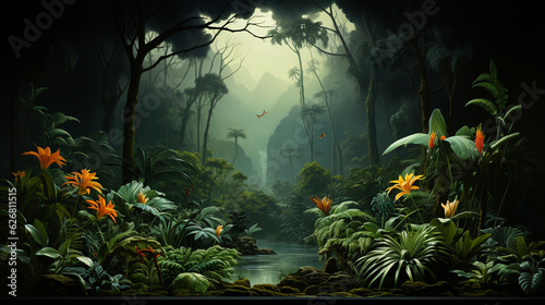Fototapeta Naklejka Na Ścianę i Meble -  A jungle painting with lush green plants and trees. Generative Ai