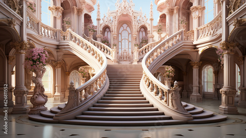 Foto A pink royal palace with stairs. Generative Ai