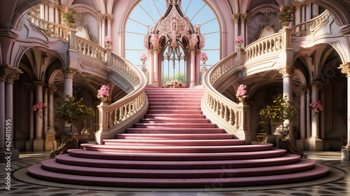 Fotografiet A pink royal palace with stairs. Generative Ai
