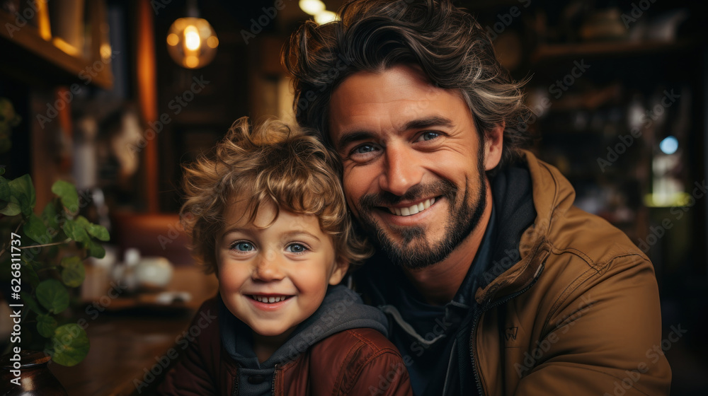 Portrait of happy father and son looking at camera while sitting in cafe.