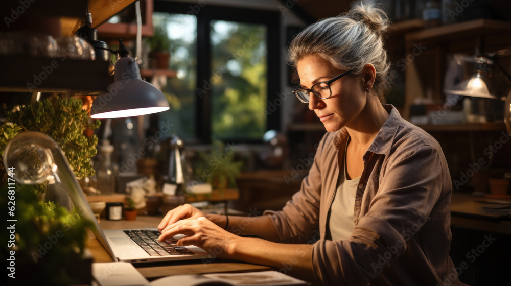 Mature female writer in eyeglasses tap novel on laptop in her workhouse.