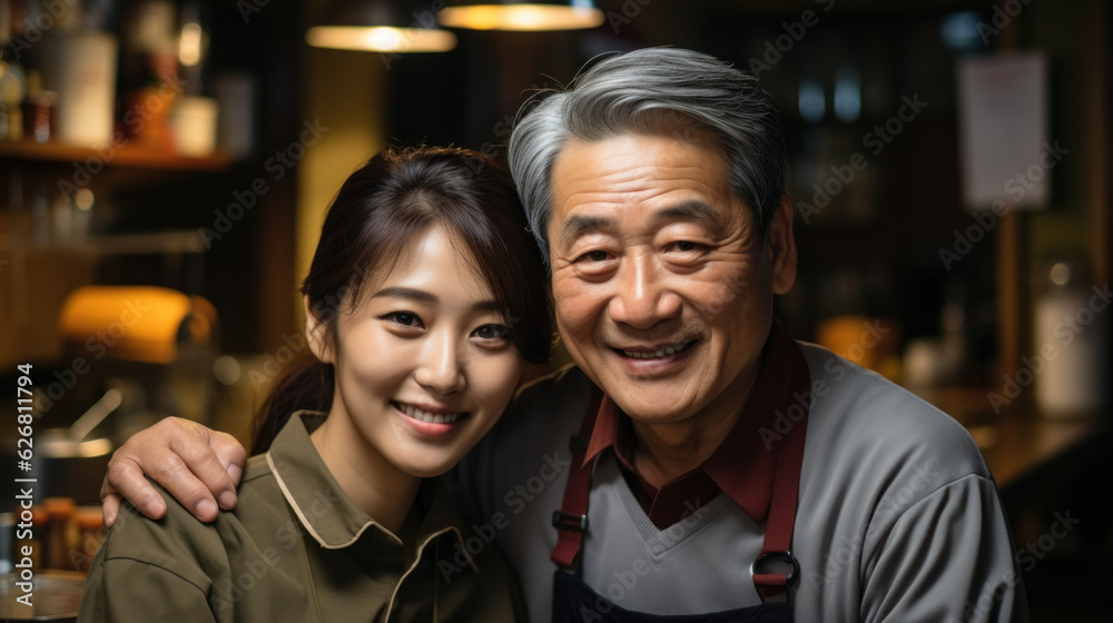 Happy asian senior man and young girl smiling in coffee shop. Cheerful asian family in cafe. Daughter inherits the father's business. Happy asian senior man and young girl smiling in coffee shop. Cheerful asian family in cafe. Daughter inherits the father's business.