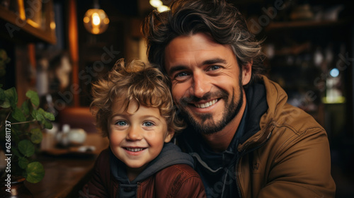 Portrait of happy father and son looking at camera while sitting in cafe. © AS Photo Family