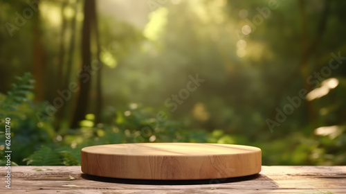 Wooden podium on forest background. Product presentation. Generative ai.
