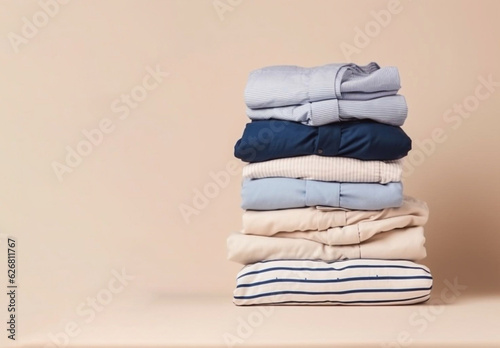 Stack blue white clothing sweater t-shirt on white background. Generative AI