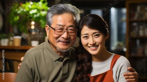 Portrait of happy asian father and daughter looking at camera at home. © AS Photo Family
