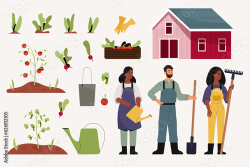 Farmers and crops. Cartoon characters working in farm with organic plants and tools, gardening and agriculture soil work concept, farm workers at work. Vector flat set