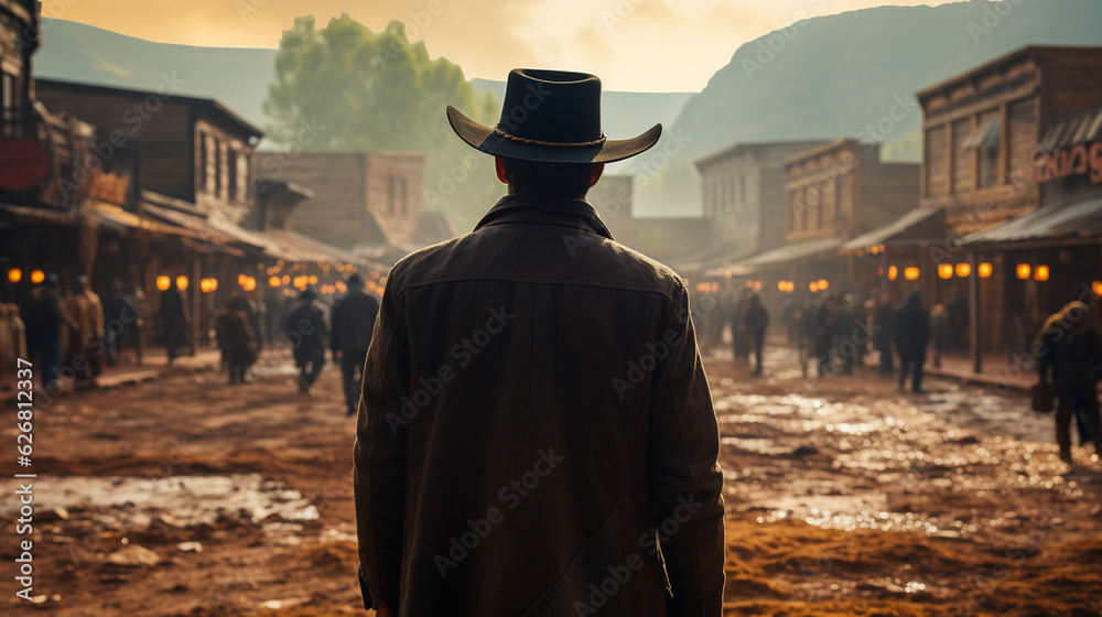 Back view of cowboy in wild west town. Generative Ai Back view of cowboy in wild west town. Generative Ai