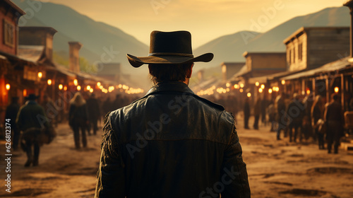 Back view of cowboy in wild west town. Generative Ai