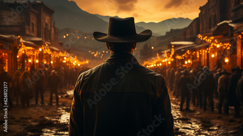 Back view of cowboy in wild west town. Generative Ai
