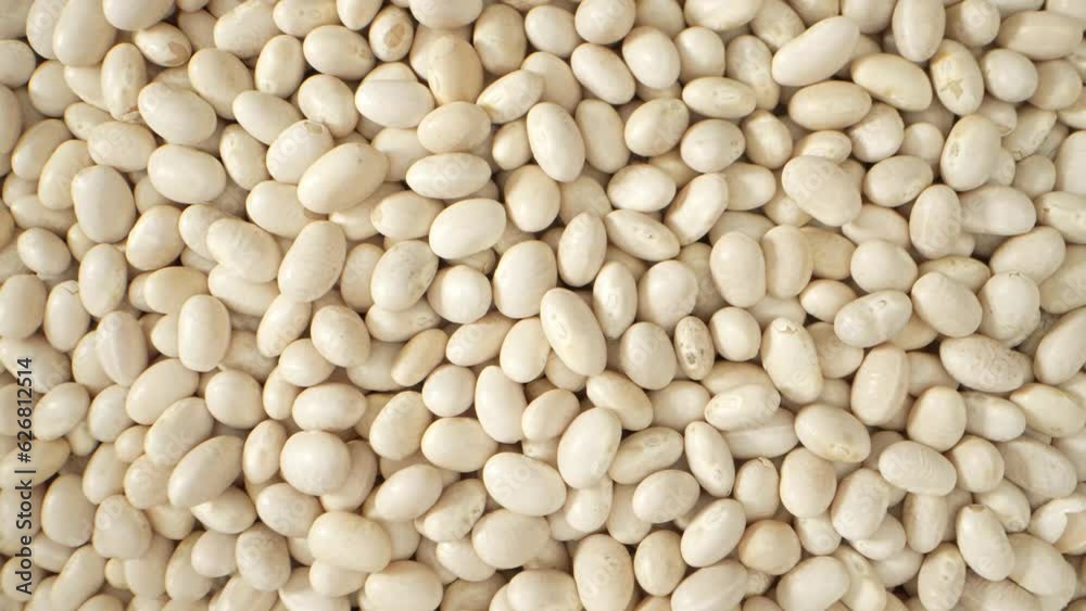 The macro video reveals dried white kidney beans up close, showcasing their pearl-like texture with tiny crevices and imperfections, a testament to their natural growth and drying. Food concept
The macro video reveals dried white kidney beans up close, showcasing their pearl-like texture with tiny crevices and imperfections, a testament to their natural growth and drying. Food concept