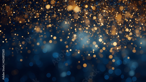 An abstract background featuring dark blue and golden particles. Christmas golden light shines, creating a bokeh effect on the navy blue background. Gold foil texture is also present. Generative AI