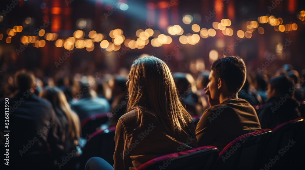 People or audience gathered in theatre or auditorium. Generative Ai